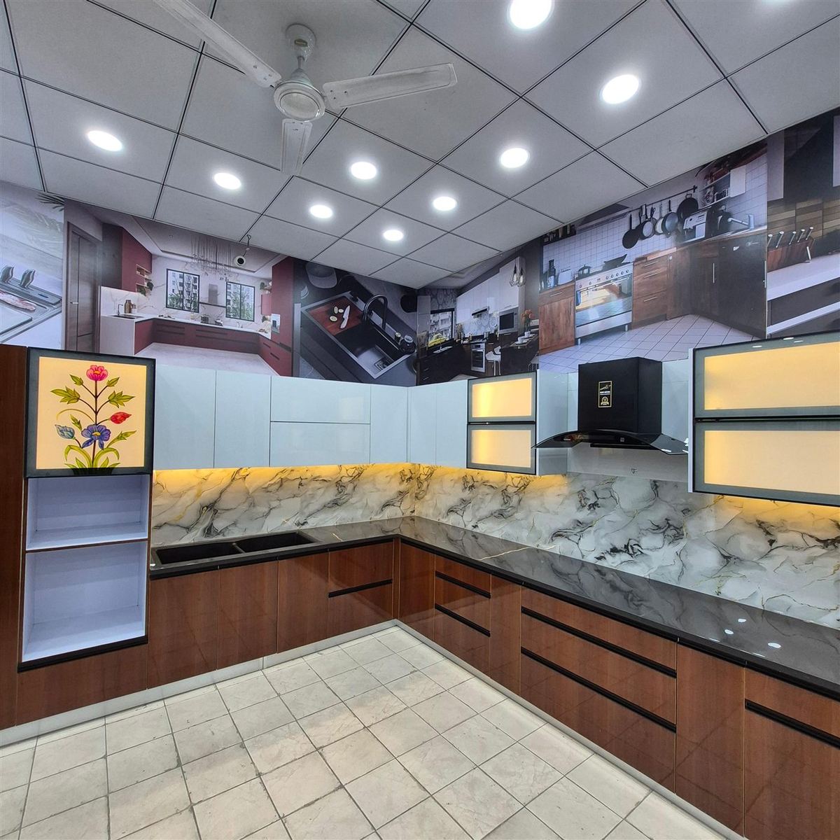 L-shaped modular kitchen display at Gupta Tiles & Sanitary