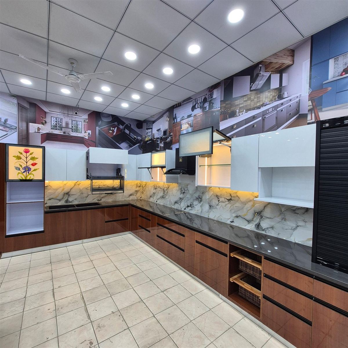 Modular kitchen cabinets in the showroom