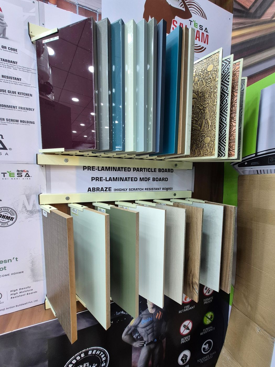 Pre-laminated particle board and MDF board sample display at Gupta Tiles & Sanitary